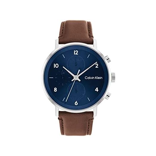 Calvin Klein Men's Multifunction Stainless Steel and Leather Strap Watch, Color: Brown (Model: 25200112)