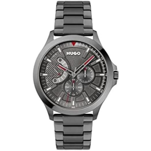 HUGO Men's #LEAP Quartz Watch with Ionic Plated Grey Steel Strap, Yellow, 22 (Model: 1530247)