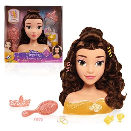Disney Princess Belle Styling Head, Brown Hair, 10 Piece Pretend Play Set, Beauty and the Beast, Officially Licensed Kids Toys for Ages 3 Up by Just Play