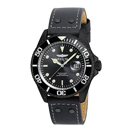 Invicta Men's 'Pro Diver' Quartz Stainless Steel and Leather Watch, Color:Grey (Model: 22077)