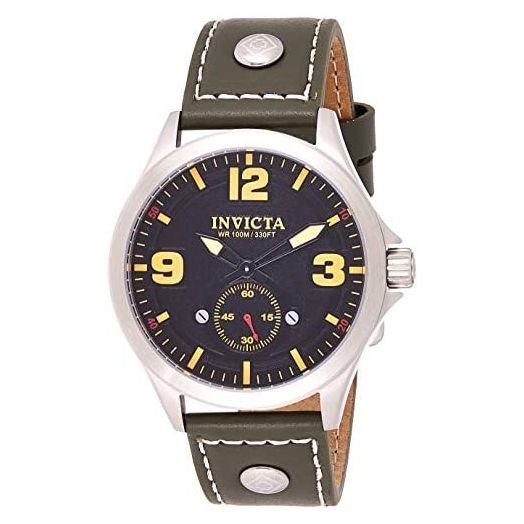Invicta Men's Aviator Stainless Steel Quartz Watch with Leather Calfskin Strap, Green, 21 (Model: 22529)