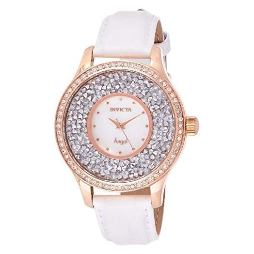 Invicta Women's Angel Stainless Steel Quartz Watch with Leather Calfskin Strap, White, 18 (Model: 24588)