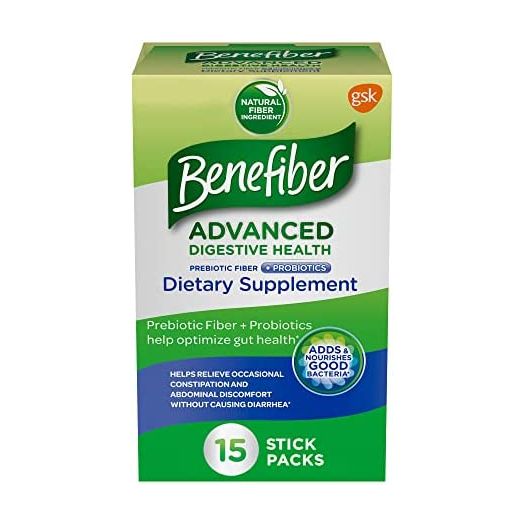 Benefiber Advanced Digestive Health Prebiotic Fiber Supplement Powder with Probiotics for Occasional Constipation and Abdominal Discomfort Relief, Low FODMAP - 15 Sticks (3.0 Ounces)