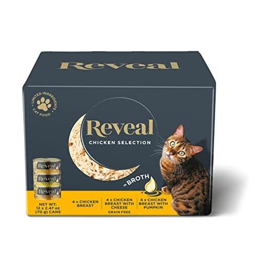 Reveal Natural Wet Cat Food, 12 Pack, Limited Ingredient Canned Wet Cat Food, Grain Free Food for Cats in Broth, Flavor Variety Pack 12 x 2.47 oz Cans