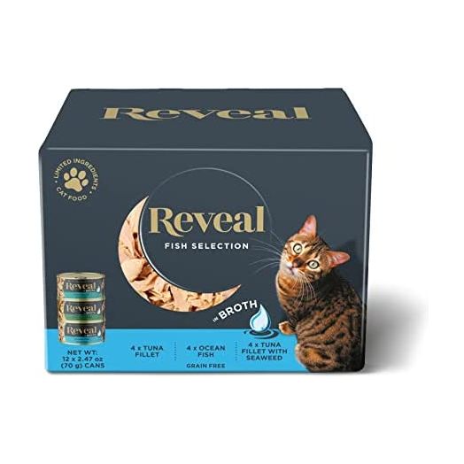 Reveal Natural Wet Cat Food, 12 Pack, Limited Ingredient Canned Wet Cat Food, Grain Free Food for Cats, Variety of Fish Flavors in Broth, 2.47oz Cans