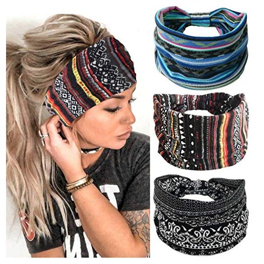 Gortin Boho Headbands Stretch Wide Hair Bands Black Elastic Yoga Sweatband Knoted Turban Headband Cloth Twist Head Wraps Stylish Head Bands for Women and Girls 3 Pcs (Set 1)