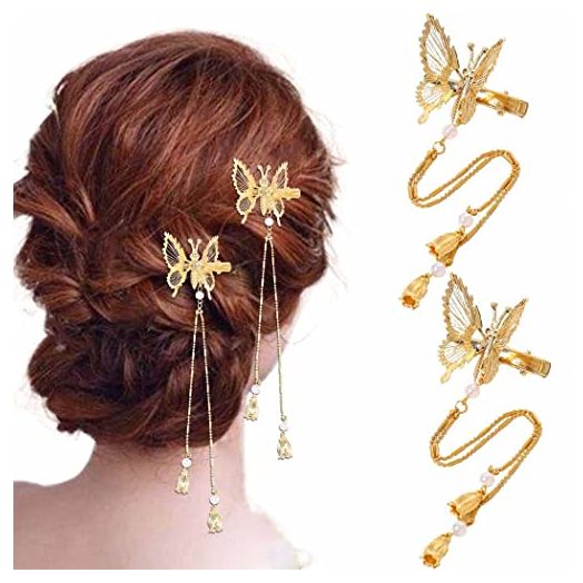 Bartosi 2 Pieces Tassel Hair Clips Butterfly Hair Barrettes Gold Metal Fashionable Hairpins Decorative Hair Pins Hair Accessories for Women Girls