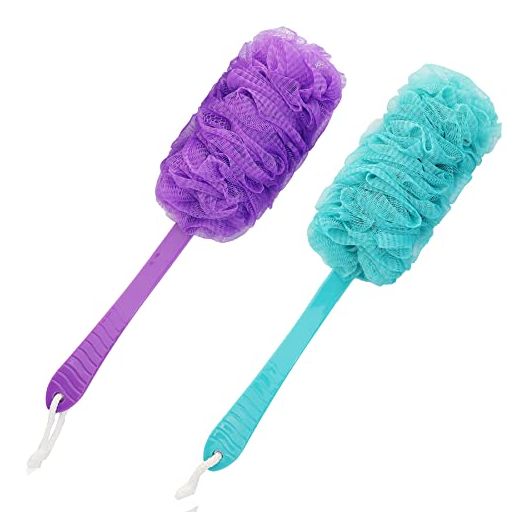 Back Scrubber Brush Long Handle for Shower, Loofah On a Stick Sponge Back Brush, Body Exfoliator Scrubber Bath Brush for Men Women, Exfoliating Cleaning Back Scrubber for Elderly (2 Pack-Green+Purple)