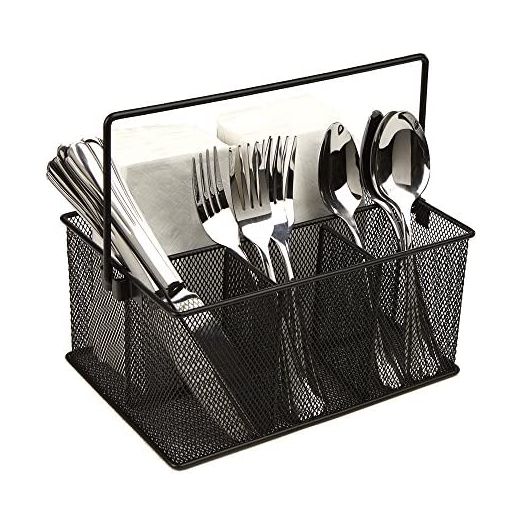 Mind Reader Storage Basket Organizer, Utensil Holder, Forks, Spoons, Knives, Napkins, Perfect for Desk Supplies, Pencil, Pens, Staples, Black, 4 Compartments