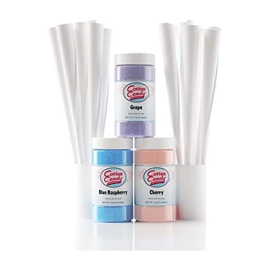 Cotton Candy Express 6006 Fun Pack | Kit Features Cherry, Blue Raspberry & Grape Floss Sugars (11 oz Each) &, 3 Flavors with Cones
