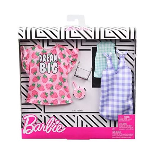 Barbie Clothes, 2 Outfits Doll Include a Strawberry-Print Dress, a Checked Dress and Top, Plus a Strawberry-Decorated Purse and Heart-Shaped Sunglasses, Gift for 3 to 8 Year Olds?