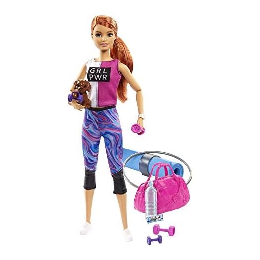 Barbie Doll, Red-Haired Fitness Doll with Puppy & 9 Accessories Including Yoga Mat with Strap, Hula Hoop, Weights & Bag