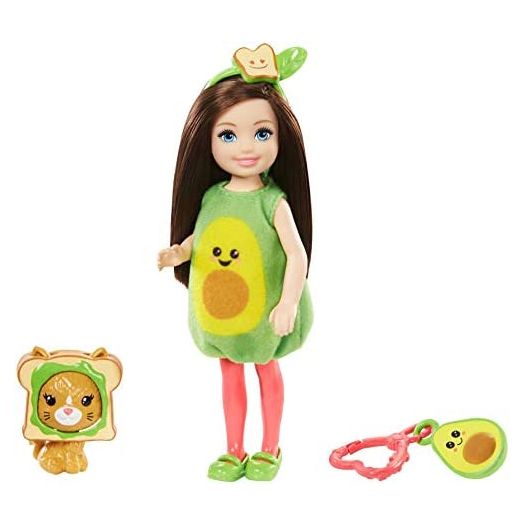 Barbie Club Chelsea Dress-Up Doll, 6-in Brunette in Avocado Costume with Pet Kitten and Accessories, Gift for 3 to 7 Year Olds