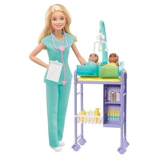 Barbie Baby Doctor Playset with Blonde Doll, 2 Infant Dolls, Exam Table and Accessories, Stethoscope, Chart and Mobile for Ages 3 and Up