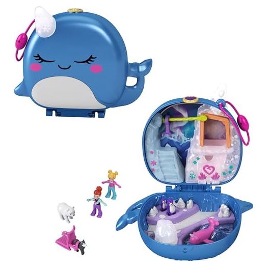 Polly Pocket Playset, Travel Toy with 2 Micro Dolls & Pet Accessories, Freezin' Fun Narwhal Compact Playset