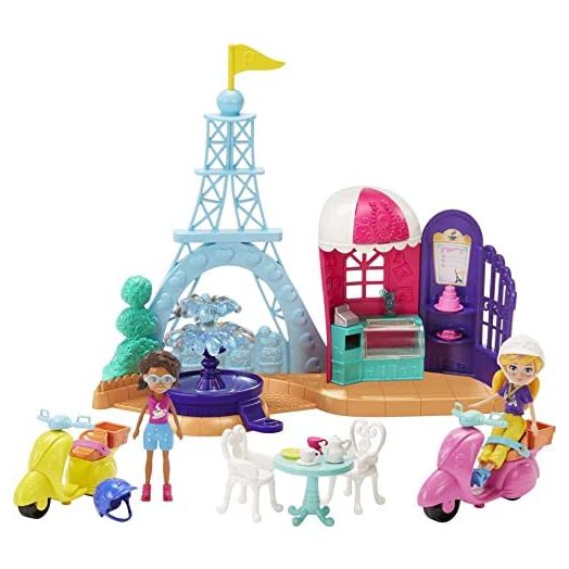 Polly Pocket Perfectly Paris Playset with 3-in/7.62-cm Polly & Shani Dolls, 2 Scooters, 2 Helmets, Eiffel Tower, Fountain, Cafe, Table & 2 Chairs; For Ages 4 Years Old & Up [Amazon Exclusive]