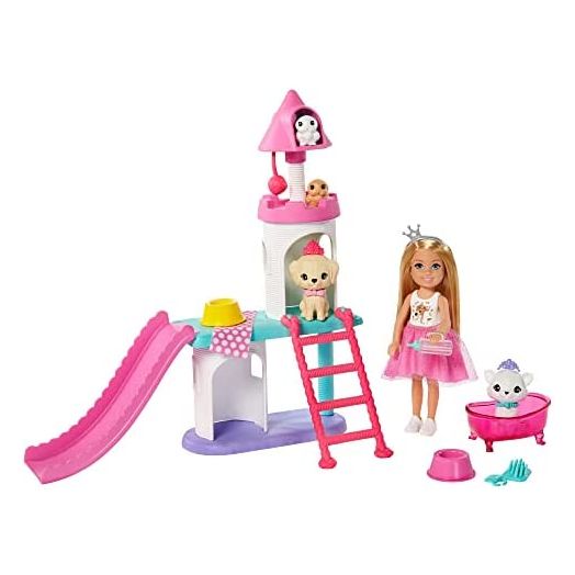 Barbie Princess Adventure Chelsea Pet Castle Playset, with Blonde Chelsea Doll (6-inch), 4 Pets and Accessories, Gift for 3 to 7 Year Olds