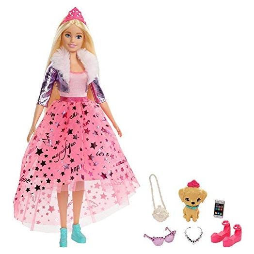 Barbie Princess Adventure Doll in Princess Fashion (12-in Blonde) Barbie Doll with Pet Puppy, 2 Pairs of Shoes, Tiara and 4 Accessories, for 3 to 7 Year Olds
