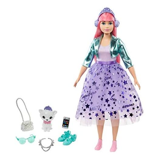Barbie Princess Adventure Daisy Doll in Princess Fashion (12-inch Curvy) with Pink Hair, Pet Kitten, Tiara, 2 Pairs of Shoes and Accessories, for 3 to 7 Year Olds