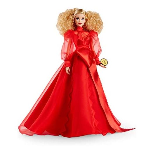 Barbie Collector Mattel 75th Anniversary Doll (12-in Blonde Curly Hair) in Red Chiffon Gown, with Doll Stand and Certificate of Authenticity