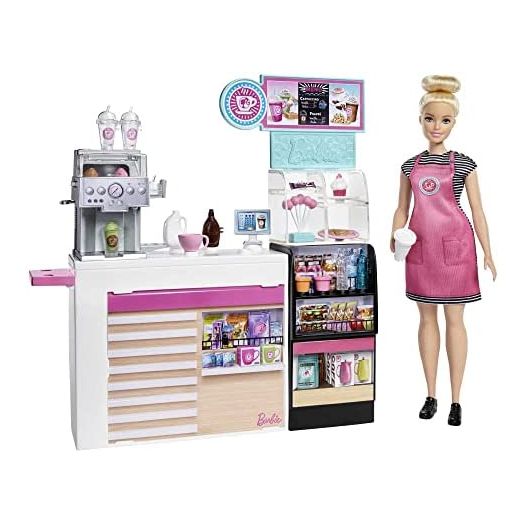 Barbie Coffee Shop with Doll and 20+ Realistic Play Pieces: Coffee Shop, Coffee-Smoothie Maker, Milk, Syrup, Snacks & More; for Ages 3 Years Old & Up - GMW03
