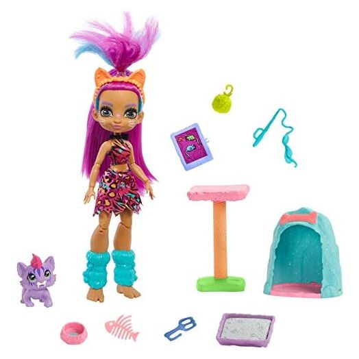 Cave Club Purr-FECT Pet Adventure Playset with Roaralai Doll (8 – 10-inch, Purple Hair), Pet, Cat Condo and Storytelling Pieces, Gift for 4 Year Olds and Up