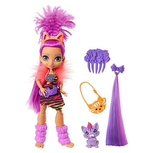Cave Club Roaralai Doll (8 – 10-inch, Purple Hair) Poseable Prehistoric Fashion Doll with Dinosaur Pet and Accessories, Gift for 4 Year Olds and Up [Amazon Exclusive]