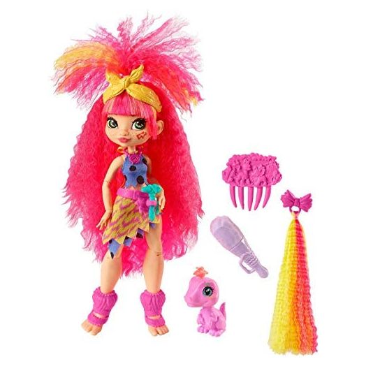 Cave Club Emberly Doll (8, 10-inch, Pink Hair) Poseable Prehistoric Fashion Doll with Dinosaur Pet and Accessories