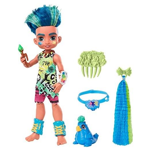 Mattel Cave Club Slate Doll (8-10-inch, Blue Hair) Poseable Prehistoric Fashion Doll with Dinosaur Pet and Accessories, Gift for 4 Year Olds and Up