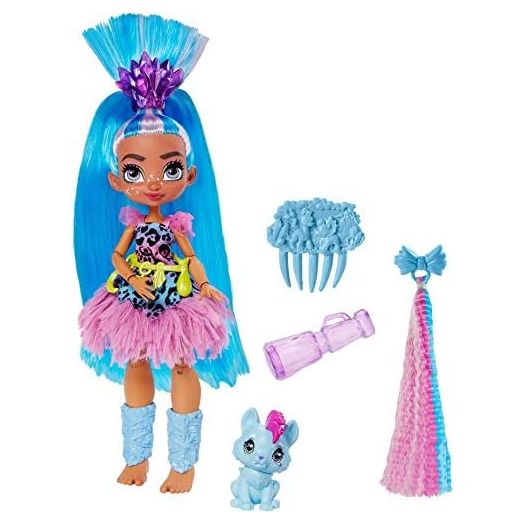 Mattel Cave Club Tella Doll (8-10-inch, Blue Hair) Poseable Prehistoric Fashion Doll with Dinosaur Pet and Accessories, Gift for 4 Year Olds and Up