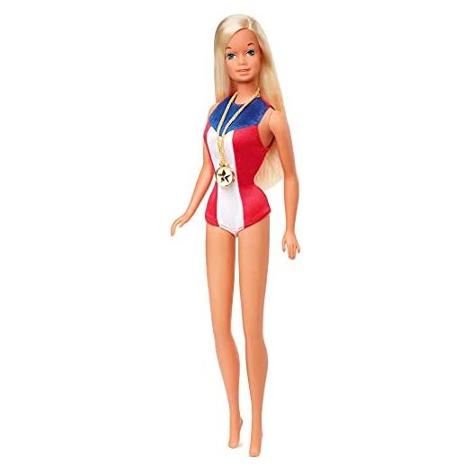 Barbie 1975 Gold Medal Doll Reproduction, Wearing Olympics-Themed One-Piece and Gold Medal Accessory. with Doll Stand and Certificate of Authenticity, Gift for Collectors