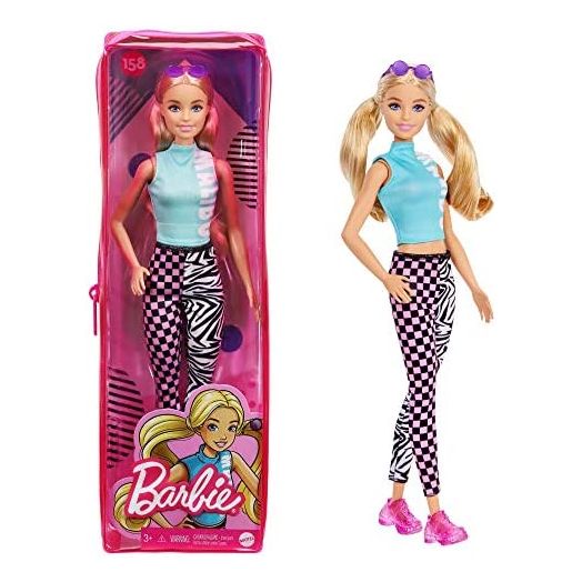 Barbie Fashionistas Doll #158, Long Blonde Pigtails Wearing Teal Sport Top, Patterned Leggings, Pink Sneakers & Sunglasses, Toy for Kids 3 to 8 Years Old