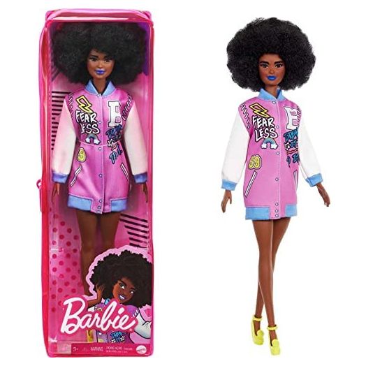 Barbie Fashionistas Doll #156 with Brunette Afro & Blue Lips Wearing Graphic Coat Dress & Yellow Shoes, Toy for Kids 3 to 8 Years Old