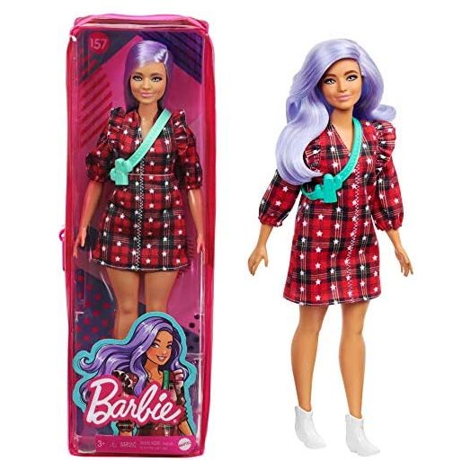 Barbie Fashionistas Doll #157, Curvy with Lavender Hair Wearing Red Plaid Dress, White Cowboy Boots & Teal Cross-Body Cactus Bag, Toy for Kids 3 to 8 Years Old