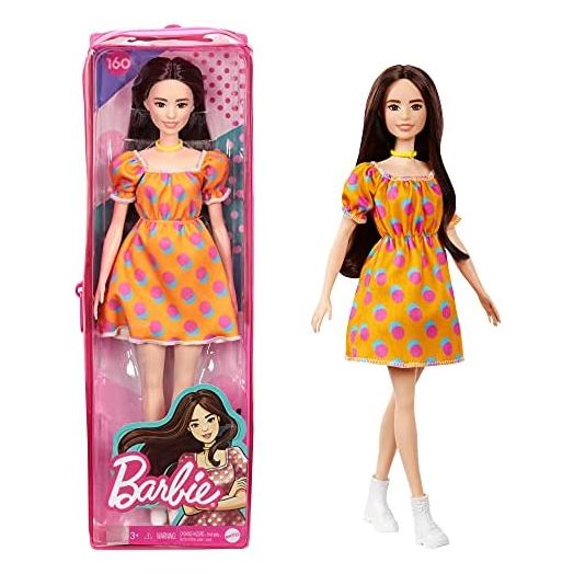 Barbie Fashionistas Doll #160 with Long Brunette Hair Wearing Patterned Orange Dress, White Shoes & Yellow Choker, Toy for Kids 3 to 8 Years Old