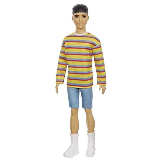 Barbie Ken Fashionistas Doll #175 with Sculpted Brunette Hair Wearing a Long-Sleeve Colorful Striped Shirt, Denim Shorts, White Boots, Toy for Kids 3 to 8 Years Old