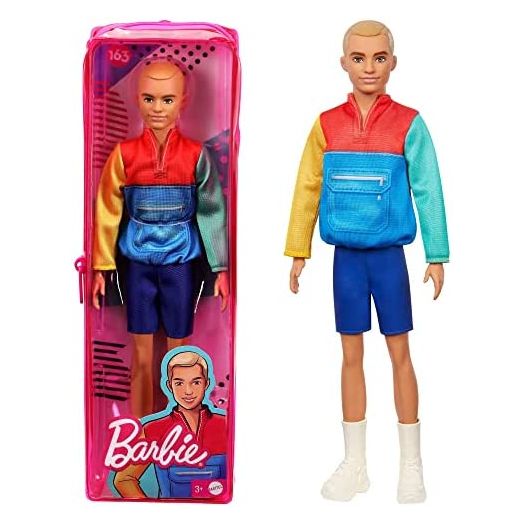 Barbie Ken Fashionistas Doll #163, Slender with Sculpted Blonde Hair Wearing Color-Blocked Jacket-Style Top, Blue Shorts & White Boots, Toy for Kids 3 to 8 Years Old