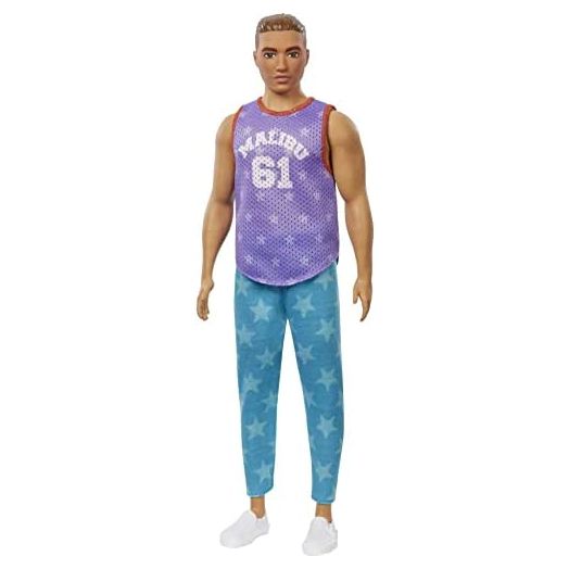 Barbie Ken Fashionistas Doll #165 with Sculpted Brown Hair Wearing Purple “Malibu” Top, Blue Starred Joggers & White Shoes, Toy for Kids 3 to 8 Years Old