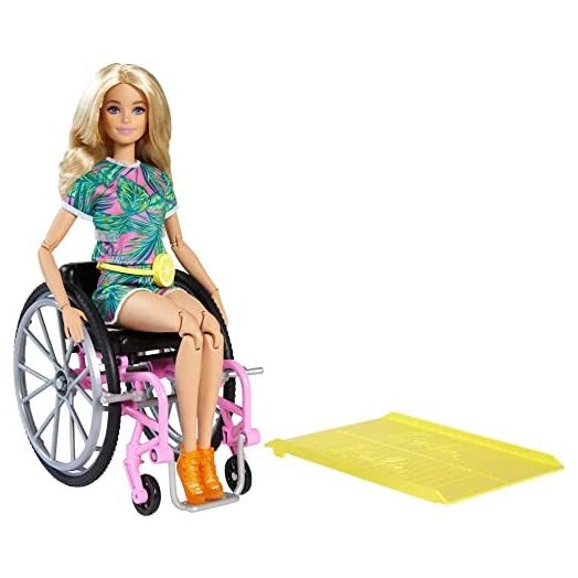 Barbie Fashionistas Doll #165, with Wheelchair & Long Blonde Hair Wearing Tropical Romper, Orange Shoes & Lemon Fanny Pack, Toy for Kids 3 to 8 Years Old