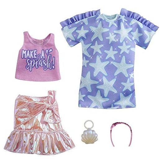 Barbie Fashions 2-Pack Clothing Set, 2 Outfits Doll Include Star-Print Dress, Pink Iridescent Skirt, Graphic Tank & 2 Accessories, Gift for Kids 3 to 8 Years Old
