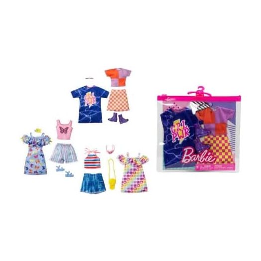Barbie Fashions 2-Pack Clothing Set, 2 Outfits Doll Include Animal-Print Hoodie Dress, Graphic Top, Red Overalls & 2 Accessories, Guft for Kids 3 to 8 Years Old , Blue