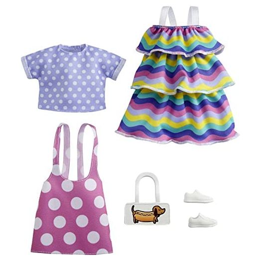 Barbie Fashions 2-Pack Clothing Set, 2 Outfits Doll Include Pink Polka-Dot Jumper, Purple Polka-Dot Top, Striped Dress & 2 Accessories, Gift for Kids 3 to 8 Years Old , White
