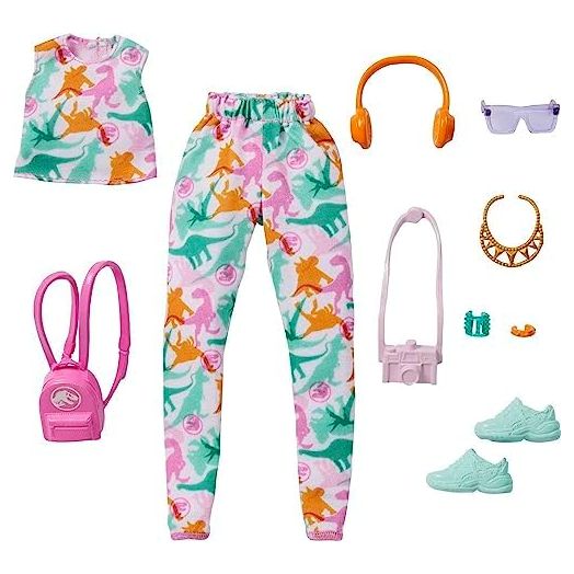 Barbie Fashion Pack of Doll Clothes Inspired by Jurassic World, Collectible Set includes Crop Top & Jogger Pants with Dinosaur Print & 8 Accessories