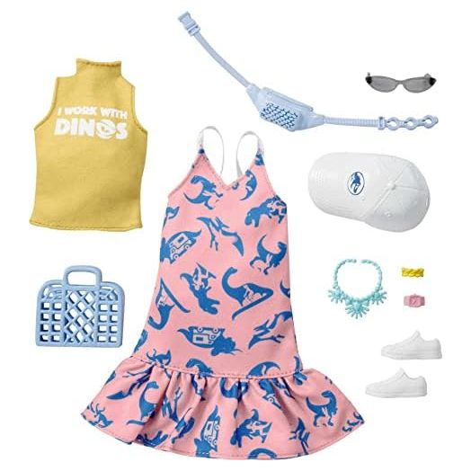 Barbie Clothing & Accessories Inspired by Jurassic World 10 Storytelling Pieces Dolls: Sleeveless Top & Sundress Tote, Hat, Fanny Pack, Sunglasses & More, Gift for 3 to 8 Year Olds