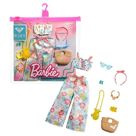 Barbie Storytelling Fashion Pack of Doll Clothes Inspired by Roxy: Matching Floral Top & Pants with 7 Accessories Dolls Including Pineapple Purse, Gift for 3 to 8 Year Olds