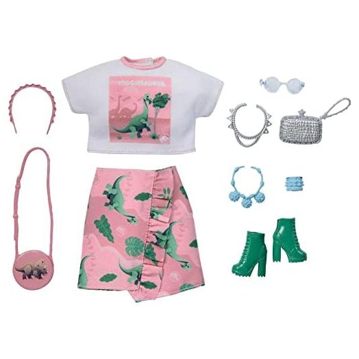 Barbie Fashion Pack of Doll Clothes Inspired by Jurassic World, Collectible Set includes Crop Top & Skirt with Dinosaur Theme & 8 Accessories