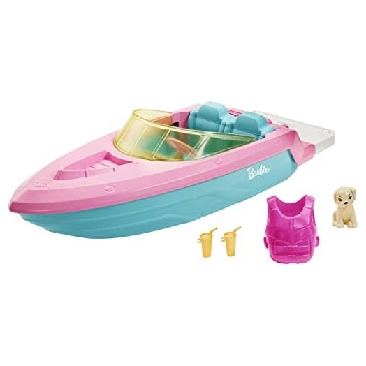 Barbie Boat with Puppy and Themed Accessories, Fits 3 Dolls, Floats in Water, Great Gift for 3 to 7 Year Olds