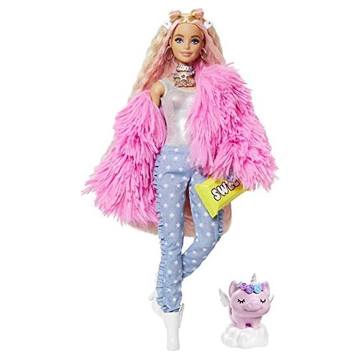 Barbie Extra Doll #3 in Pink Fluffy Coat with Pet Unicorn-Pig, Extra-Long Crimped Hair, Including Candy Bar Clutch & Gummy Bear Ring, Multiple Flexible Joints, Gift for Kids 3 Years Old & Up