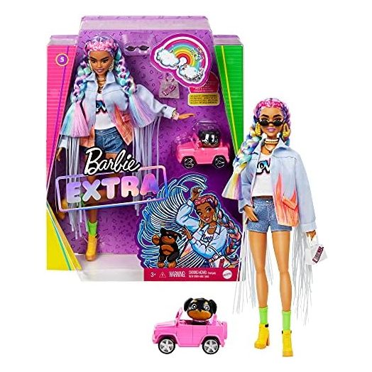 Barbie Extra Doll #5 in Denim Jacket with Pet Puppy & Accessories