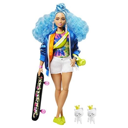 Barbie Extra Doll #4, Curvy, in Zippered Bomber Jacket with 2 Pet Kittens, Extra-Curly Blue Hair, Layered Outfit & Accessories Including Skateboard, Multiple Flexible Joints, Gift for Kids
